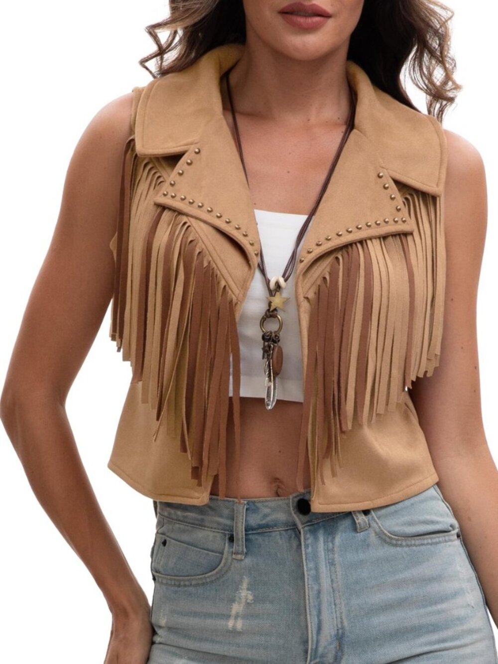Women’s Fringe Cropped Vest Faux Suede Sleeveless Hippie Jackets Tassel Western